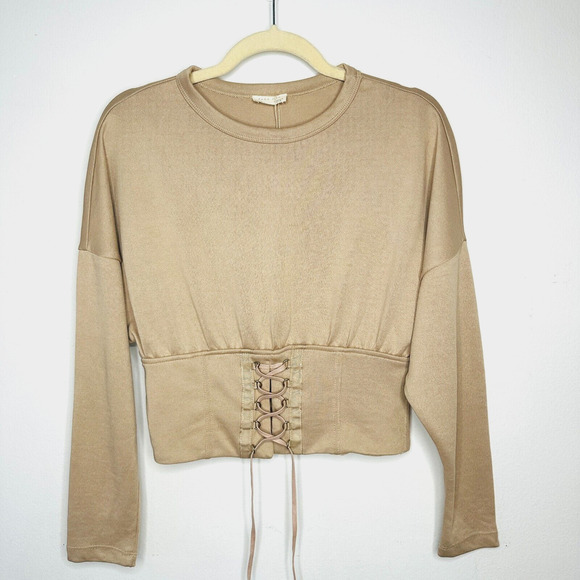 NWT Zara W & B Collection Tan Long Drop Sleeve Front Corset Lace Up Waist Top M - Picture 4 of 12